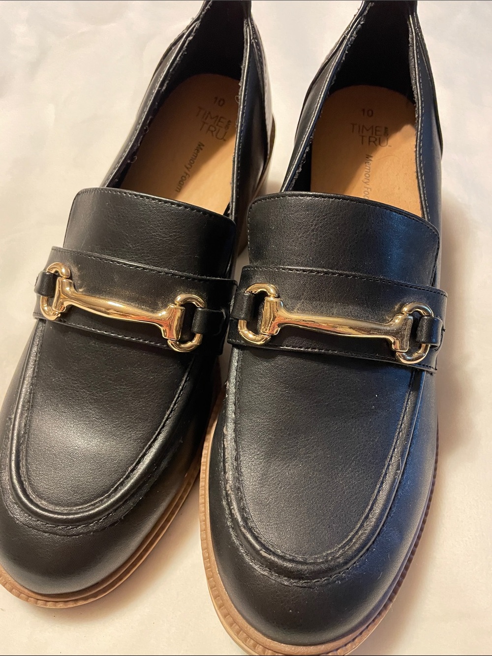 Time and Tru Women’s Black Loafers with Gold Bit Hardware